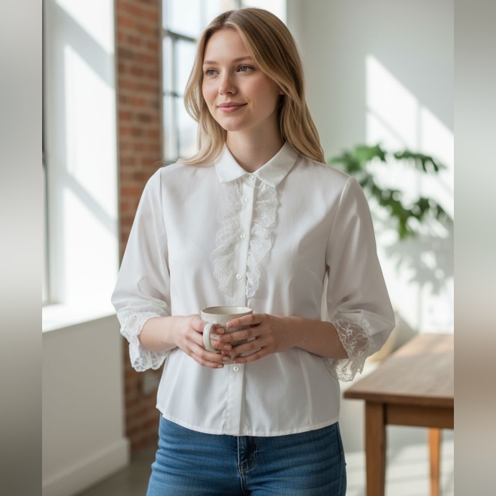 Elegant Vintage White Shirt with Lace Trim